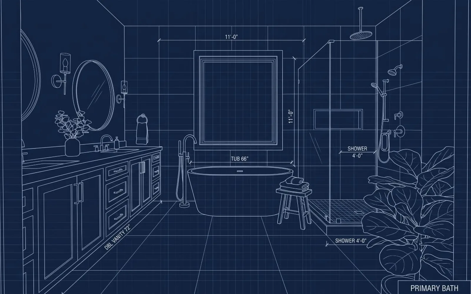 Blueprint drawing of a primary bathroom with freestanding tub, glass shower and double vanity