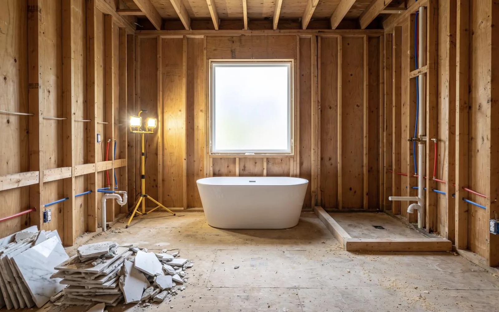 Bathroom demolished down to the studs with new rough plumbing supply lines and drains in place