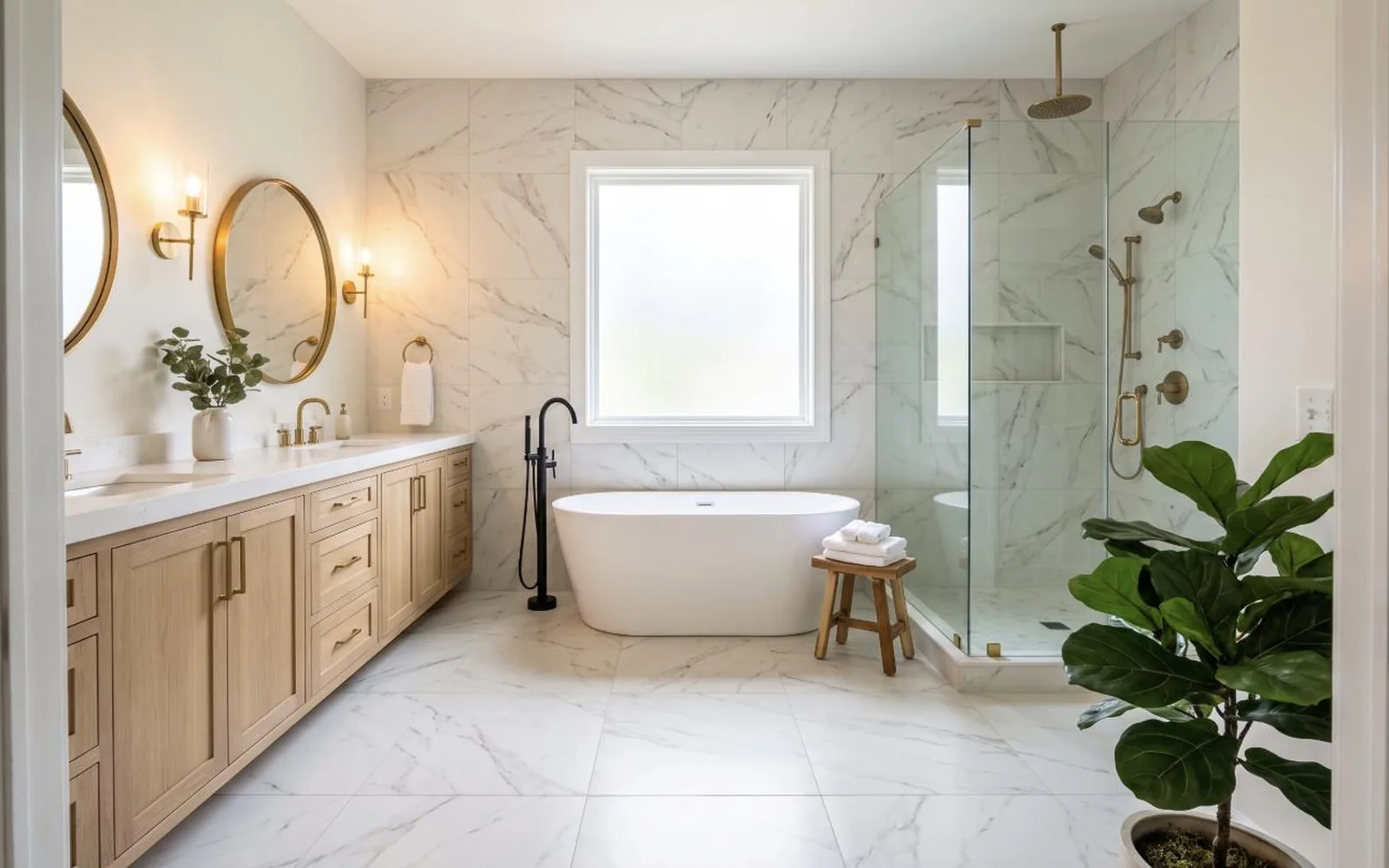 Finished spa bathroom with freestanding tub, frameless glass shower, marble-look porcelain tile and a double oak vanity