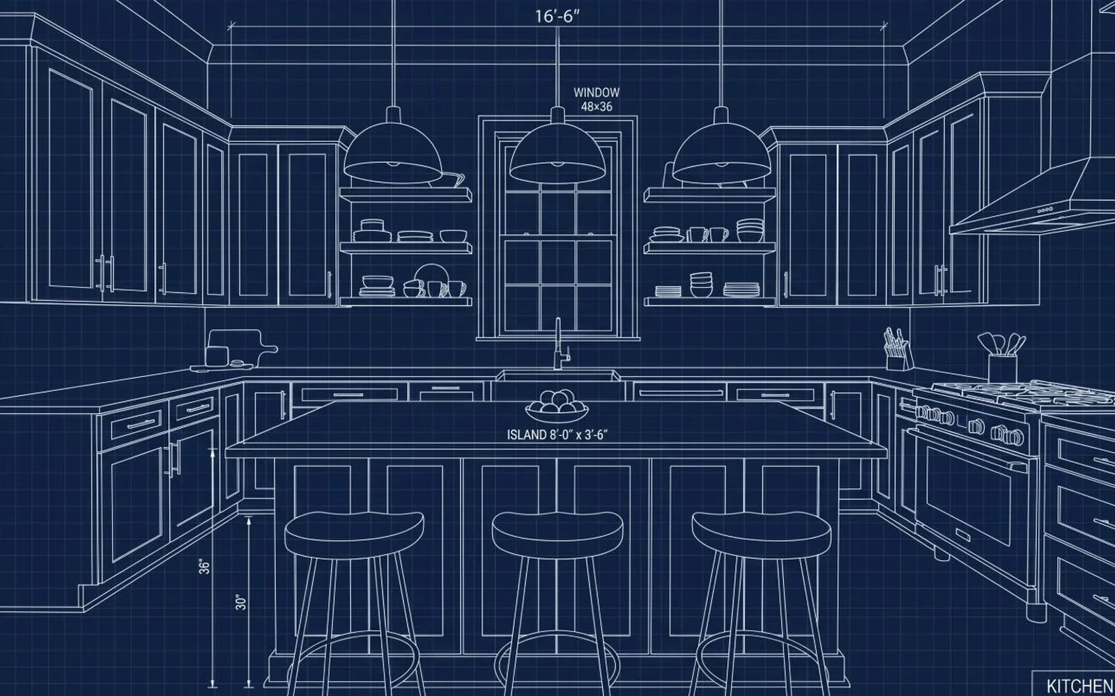 Blueprint drawing of a kitchen with a 16-foot cabinet run, window over the sink and an 8-foot island