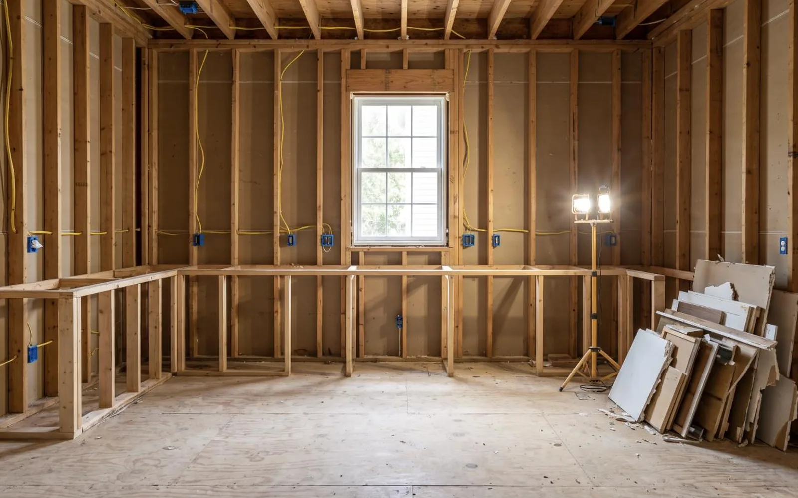 Kitchen gutted to the studs with exposed framing, wiring and plywood subfloor