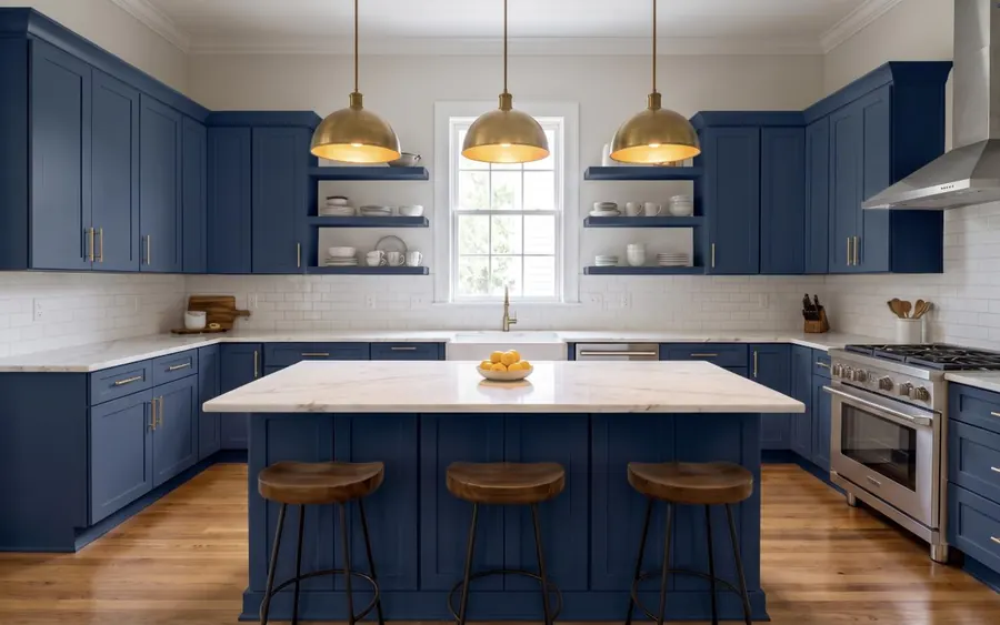 Concept render: navy shaker kitchen with calacatta stone, Charleston