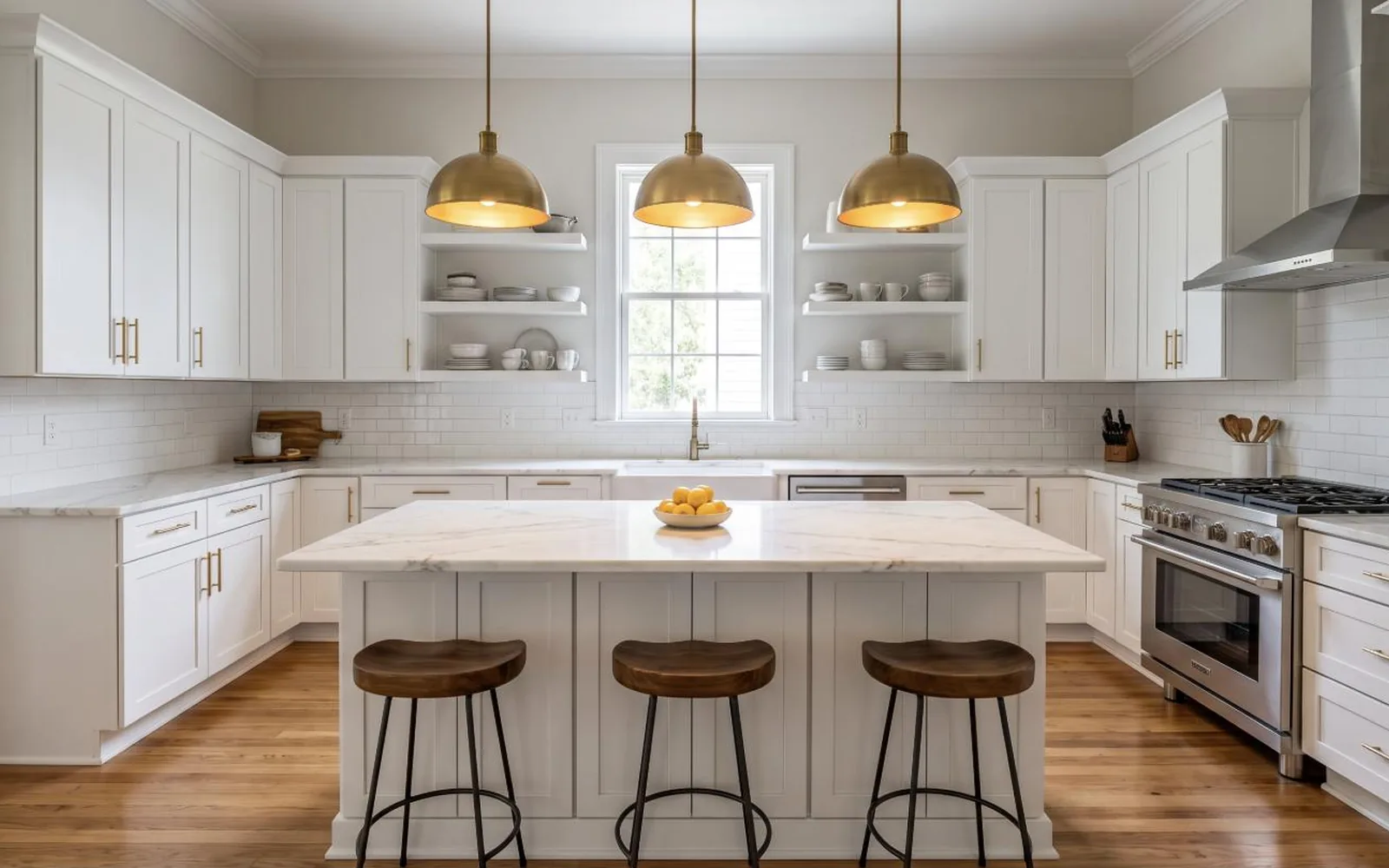 Finished white shaker kitchen with Calacatta countertops, subway tile backsplash, island seating and brass pendant lights